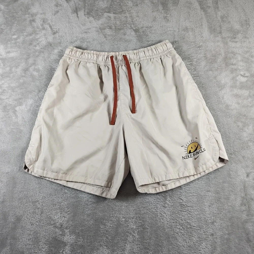 Nike Shorts Men Medium Ivory Sun Club Mesh Lined Running Swim Trunks Embroidered